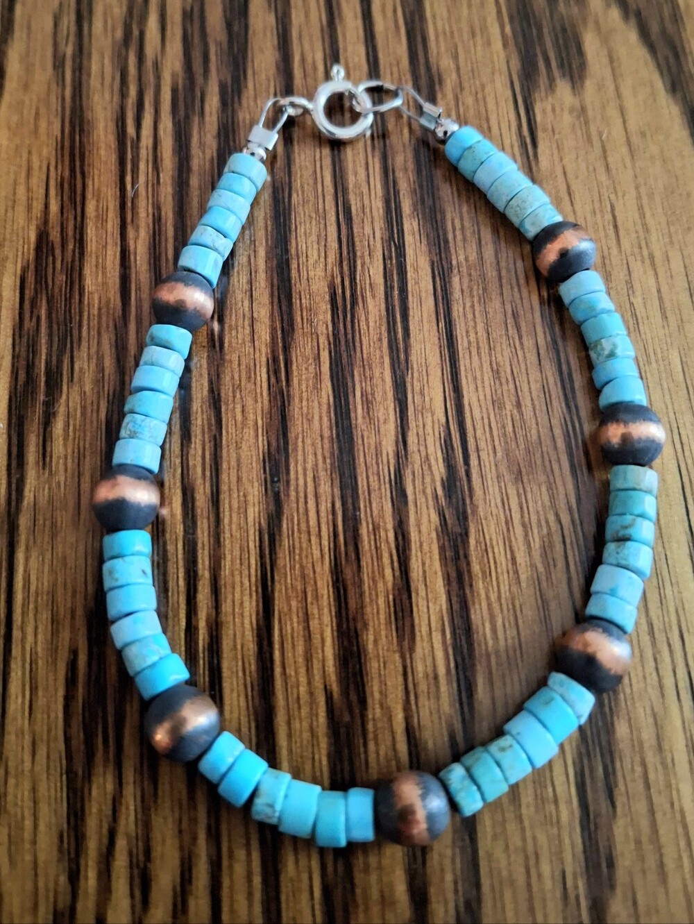Bracelet Turquoise And  Oxidized Copper Pearls Beads 7.5"